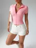 26 Modelos Nuevos de Polos Rosas con Cremallera, Estilo Europeo y Americano, Combinados, de Manga Corta, Chaquetas Adelgazantes y Ropa Deportiva Ajustada