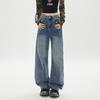 Jeans Azul Vintage de Perna Reta para Mulheres, Novo Outono 2025 Cintura Alta Solto Estilo Americano Versátil Perna Larga Comprimento Total