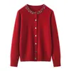 Cárdigan de punto de lana pura de alta gama estilo francés con tachuelas para mujer, suéter holgado de cuello redondo, abrigo adelgazante, top para otoño e invierno