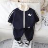 Conjunto de duas peças infantil masculino com zíper, novo 2024, moderno e bonito, roupas infantis de primavera, estilo ocidental, roupas de primavera e outono para bebês meninos