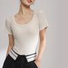 Camiseta de Manga Corta para Mujer, Nuevo Estilo Verano 2026, Algodón Acanalado, Diseño de Hombros Moderno, Top Cuadrado Corto de Nicho