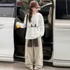 Conjunto de Camiseta de Manga Longa com Gola Redonda para Meninas Primavera e Outono Conjunto de Duas Peças Calças Casuais Largas para Trabalho Calças de Perna Larga