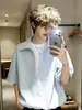 Camisa Falsa de Duas Peças Manga Curta Masculina Estilo Americano Patchwork Listrado Camisa Preguiçosa de Meia Manga Verão Versátil Seda de Gelo Sensação Refrescante Camiseta