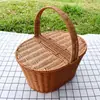Cesta de almacenamiento con asa de mimbre sintético, refuerzo de marco de hierro, cesta de picnic, cesta de compras, cesta de flores de ratán, cesta para recoger, cesta de aperitivos para sala de estar