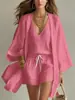 Conjunto de Três Peças de Algodão e Linho Verão 2026 Transfronteiriço Europeu e Americano para Mulheres, Conjunto de Kimono Sem Mangas e Shorts Estilo Resort Europeu e Americano