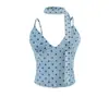 Camisola Halter de Cuello en V con Lunares Estilo Americano Picante para Mujer, Top Corto Elegante de Verano Ajustado sin Espalda con Almohadillas en el Pecho