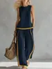 Conjunto Feminino Casual Best-Seller Europeu e Americano com Design Color-Blocking: Conjunto de Duas Peças: Top sem Mangas + Calça Wide Leg