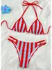 Bikini europeo y americano de rayas rojas y azules, traje de baño de dos piezas de alta elasticidad con atar, bikini transfronterizo de Amazon