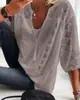 Amazon 2026 Nuevo Verano Europeo y Americano Transfronterizo Color Sólido Cuello en U Manga Tres Cuartos Encaje Parche Calado Camiseta Top para Mujer