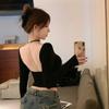 Camiseta de manga larga con cuello cuadrado de Spice Girl para mujer, blusa sexy de otoño con espalda descubierta y base interior, top corto ajustado negro con almohadilla para el pecho