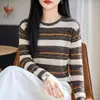Nueva Colección Otoño/Invierno 2026: Suéter de punto para mujer de manga larga con diseño de calado, rayas de bloques de color y mezcla de lana