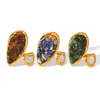 Anillo de Acero Inoxidable Retro Francés con Piedra Natural para Mujer, Acero de Titanio Antidesvanecimiento, Anillo Abierto Versátil de Nicho