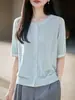 Nuevo Cárdigan de Punto Tencel Lino Cuello Redondo Manga Corta para Mujer Bloque de Color Retorcido Holgado Delgado Top