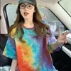 Camiseta Loose Algodão Puro Inspirada em Design Tie-Dye para Mulheres 2026 Cor Super Trendy Color-Blocking Gradiente Meio Comprimento Afinando Moda