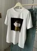 Look Estilo Coreano! Outono Inicial Escovado Simples Ombro Direito Gola Redonda Manga Curta Camiseta Feminina Versátil Camisa de Base Manga Meia