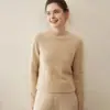 Suéter de cachemira pura para otoño e invierno, cuello alto medio, borde enrollado, color liso, tejido suelto, básico, largo