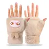Guantes de Felpa Cálidos de Doble Capa con Forro Polar Engrosados para Ciclismo, Dedos Descubiertos con Solapa, de Dibujos Animados Lindos para Estudiantes, Niñas, Otoño e Invierno
