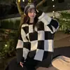 Nuevo Diseño de Estilo Perezoso Otoño e Invierno con Colores Contrastantes, Cuello Redondo, Suéter Pulóver de Cuadros Retro para Mujer, Prendas de Punto de Abrigo Talla Grande