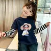 Camiseta infantil de manga comprida 100% algodão, blusa estampada de outono para meninas com efeito de duas peças, roupa de primavera e outono para bebês e crianças pequenas