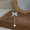 Cadena de Clavícula de Zirconio Galvanizado para Mujer, Collar de Perlas con Borla y Lazo de Alto Nivel, Exquisita Cadena para el Cuello Estilo Ins que No se Desvanece