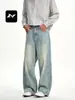 Jeans Rectos Lavados, Rasgados, Agujereados, Adelgazantes, Tridimensionales, Sueltos, Casuales Largos, Estilo Americano Azul Claro Fengmei para Hombres y Mujeres