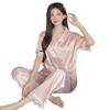 Pijama Jacquard de Seda Gelada Cetim Doce Borboleta Estilo Coreano Feminino Renda Verão Manga Curta Confortável Roupa de Casa Conjunto Atacado