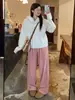 Pantalones de mujer de pierna ancha, holgados, a la moda y casuales, de cintura alta, con finas rayas, bolsillos y un diseño de pierna recta y fluido, hechos de terciopelo de algodón, para otoño e invierno 2026