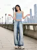 Calça Jeans Wide-Leg Branca Lavada Desgastada Rasgada para Homem, Novo Estilo de Primavera, Calça Casual Plissada Solta Reta para Mulher, Tendência