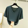 Camiseta feminina de manga curta em modal, novo estilo de verão, plus size, gola V, modelagem solta, afina a silhueta, cor sólida, top estilo coreano
