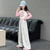 Calça de Moletom com Gato Graffiti para Meninas Primavera e Outono 2025 Nova Moda Casual Ocidental Esportiva Coreana Calça de Perna Larga