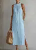 2026 Transfronterizo Amazon Tiktok Ropa de Mujer Color Sólido Holgada Larga Cuello Redondo Chaleco Moda Casual Vestido de Mujer