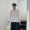 Camiseta masculina de manga comprida listrada com gola henley waffle de alta qualidade para primavera e outono, estilo casual coreano, folgada, cor sólida, camisa curta