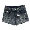 Shorts jeans plissados com tachas retrô para mulheres, verão plus size cintura baixa emagrecedor sexy colado ao corpo hot pants