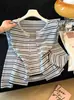 Cardigan Chaqueta de Punto Rayas Bloque de Color Estilo Coreano Diseño Femenino Petite Camisola Top de Tirantes Conjunto de Dos Piezas Trendy A14541