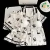 Pijama de Seda Gelada com Gatinhos Três Peças com Bojos Feminino Temporada de Verão Novo Cardigã Roupas Frescas para Casa