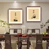 Pintura Pendurada Estilo Chinês Novo Pica-Pau Quadrada Inspirada no Zen Caligrafia e Pintura para Parede de Sofá da Sala de Estar, Sala de Chá, Escritório, Sala de Jantar Pintura Decorativa