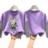 Camiseta de manga larga a rayas de algodón puro para niños, camiseta básica de otoño con dibujos animados, top falso de dos piezas para niños, casual y versátil