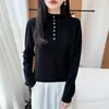 Suéter de Punto de Lana Pura Nuevo Invierno 2026 Cuello Medio Medio Abierto Manga Larga Color Sólido Botón Suéter de Lana Superior para Mujer