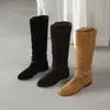 Botas de Gamuza de Cuero Artístico Vintage con Tacón Grueso de 2.5 cm Fruncidas Botas Vaqueras para Mujer 2026 Otoño/Invierno Nuevas Botas Largas con Cuentas