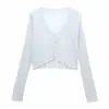 Cardigan Fino de Tricô com Gola V e Babados, Tamanho Petite, para Mulheres, Novo Estilo Coreano Primavera 2025, Curto, Protetor Solar, Tendência