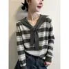 Suéter de punto con cordones y cuello a rayas azul marino popular este otoño para mujer, top holgado de manga larga, nuevo estilo primavera y otoño, prenda base