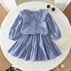 Novedad de Primavera Estilo Transfronterizo Ropa Infantil Coreana para Niñas Conjunto Casual de Dos Piezas con Top Bordado Floral de Cuello de Muñeca y Falda Corta