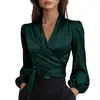 Nuevo Top de Satén con Cuello en V, Cintura de Corbata, Temperamento, para Mujer, Sitio Independiente de Amazon Europeo y Americano