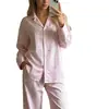 Conjunto de pijama de dos piezas con estampado de corazón a rayas en solapa, estilo europeo y americano, cárdigan holgado de manga larga y pantalones largos, conjunto casual de ropa para el hogar adecuado para uso en exteriores