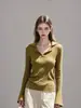 Nuevo Top de Punto Delgado de Manga de Campana con Cuello Polo de Estilo Sencillo para Mujer Combinado con un Top Elegante