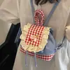 Mochila de Mezclilla para Mujer 2025 Nueva Moda Tendencia Mochila de Cuadros con Encaje Bolso de Mano para Hombro
