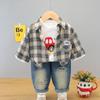Roupa de Outono para Meninos 2025 Nova Camisa Xadrez Estilosa Menininho Bonito Moda Casual Calças Compridas Conjunto de Três Peças