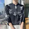 Camisa de Satén de Acetato Estampada Estilo Chino de Manga Tres Cuartos para Mujer Camisa de Cuello Alto de Media Manga Holgada Elegante de Gama Alta Tendencia Nacional Top