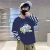Camiseta de Manga Larga a Rayas con Cuello Redondo de Moda Estilo Coreano para Niños, Ropa de Primavera y Otoño, Niños Estampado de Dibujos Animados Capa Base Algodón Puro Fina