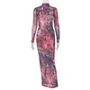 Vestido bodycon retro estampado para mujer, estilo europeo y americano, exportación de Amazon, ligeramente transparente, con cuello alto y mangas largas, elegante y ajustado